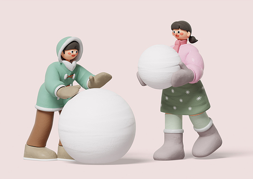 Children wearing warm clothes and making snowmen