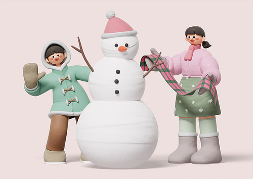 Children wearing warm clothes and making snowmen