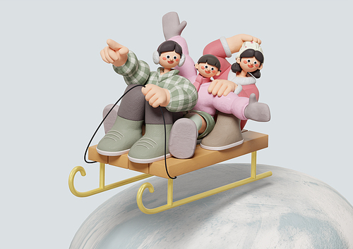 A family of three having fun sledding