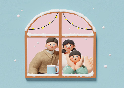 A family of three watching the snow fall from the window