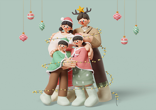 Christmas tree ornament and a family of four