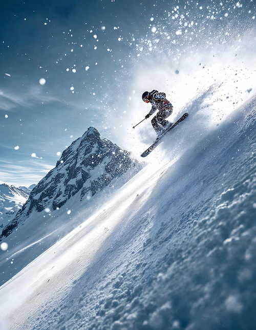 Portrait of a person skiing against the backdrop of a stunning winter landscape