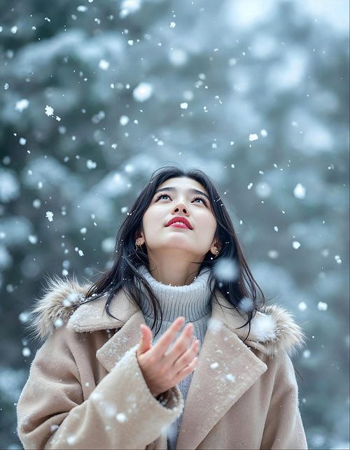 A woman looking at snow falling from the sky
