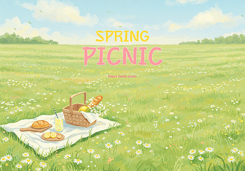 We enjoy a pleasant picnic with the family in the spring meadows that bloom with delicious food under the blue sky.