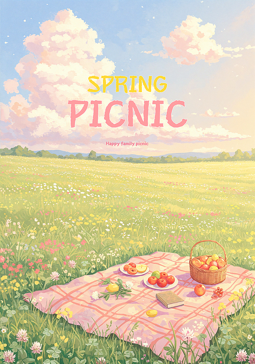 A blanket, fruit, spring picnic in a lively meadow with a clear sky