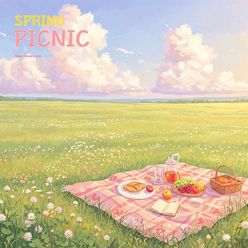 Enjoy a pleasant spring picnic under the green meadows, clouds, and blue sky