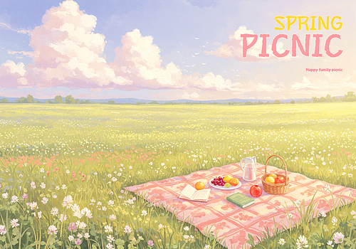 Enjoy a pleasant spring picnic under the green meadows, clouds, and blue sky