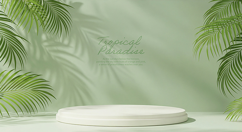 A tropical paradise with green leaves and circular display platforms