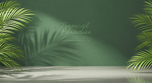 It adds a quiet atmosphere for rest in the background of tropical paradise with lush palm leaves and calm green walls.