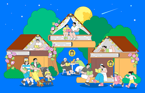 Families who enjoy leisure at night in a book made of books