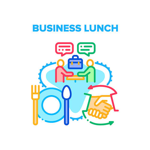 Business Lunch Vector Icon Concept. Business Lunch And Discussion Have Businesspeople In Restaurant. Partners People Eating Delicious Food And Communicate Together Color Illustration