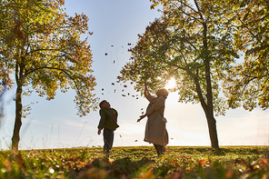 silhouette of mother and child throwing autumn leaves, park, fall season, having fun, freedom