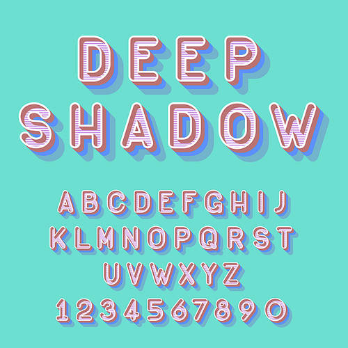 Cool deep shadow isometric font vector illustration. Set of unique decorative 3D type, capital calligraphic alphabet letters and numbers with shadow isolated on background. Latin type modern or retro