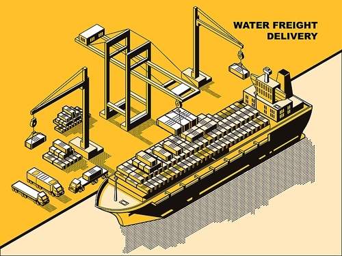 Water freight delivery, yellow isometric line art vector concept. Sea port, river dock with cranes unloading cargo barge or ship with containers. Export import logistics, international cargo shipment