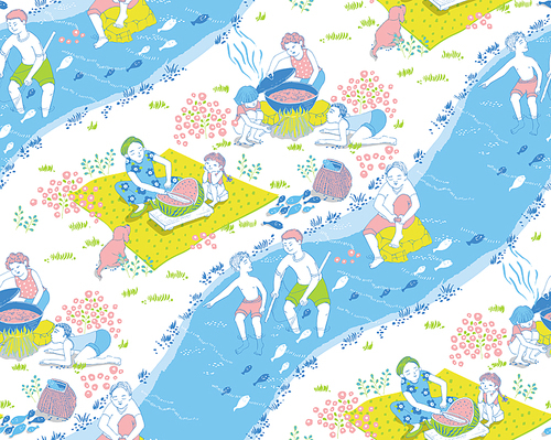 Pattern illustration with a Korean image as the background Family playing in the water by the creek