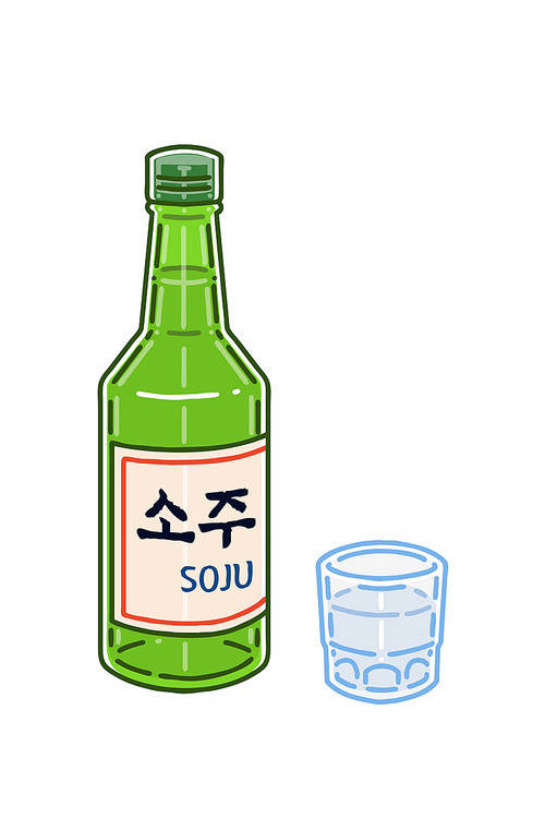 Soju bottle and soju glass. Vector illustration.