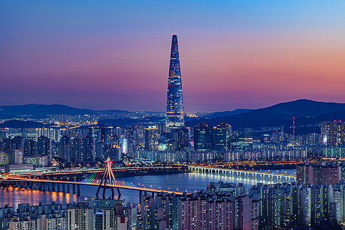 A night view of the city view of Seoul as seen from the top of Mt. Acha at sunset time of Mt. Acha at sunset Seoul cityscape night view of Mt. Acha at sunset