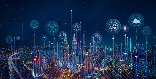 Panorama aerial view in the cityscape skyline with smart services and icons, internet of things, networks and augmented reality concept, night scene.
