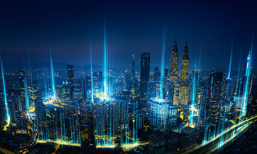 Communication network and traffic light on highway .Concept of smart city network, internet communication and digital traffic management system .