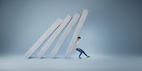 Businessman help pushing bar graph falling in economic collapse. Business survival concept. 3d illustration