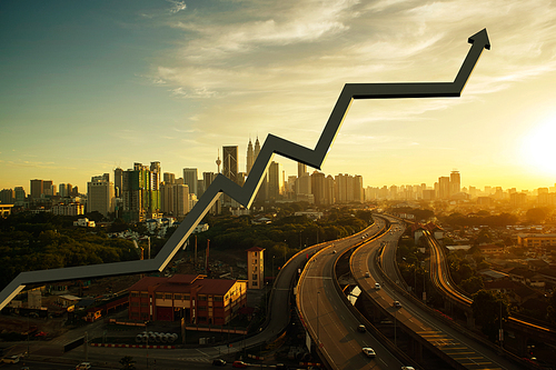 Business charts with sunrise city skyline background . financial economic growth concept