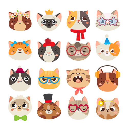Cute cats heads. Cat muzzle, domestic kitty face wearing hat, scarf and color party glasses or child kitten. Animal breeds portrait character pet doodle isolated cartoon vector icons set