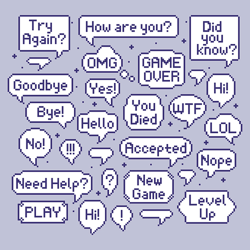 Pixel speech bubbles. Video game talk balloon, retro 8 bit speech bubble and computer games speak. Videogames pixel quotation speech talking. Vector illustration isolated symbols set