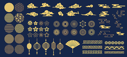 Chinese elements. Asian new year gold decorative patterns and lanterns, flowers, clouds and ornaments traditional oriental style vector set. Asian chinese oriental elements to holiday illustration