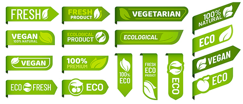 vegan mark labels. fresh vegetarian products, organic food and recommended healthy product sticker badges. vegetarian lifestyle emblem, health weight loss tag. vector isolated icons set