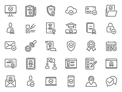 Check mark line icons. Quality standard marks, confirmed symbols and legal stamp. Verified signed certificate outline pictograms. Approval checkmark and checklist signs