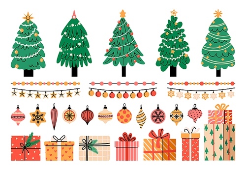 Christmas tree decoration kit. Cartoon flat xmas new year symbols wreath gift boxes garlands, merry winter holiday celebration collection. Vector set. Winter season decorations and presents