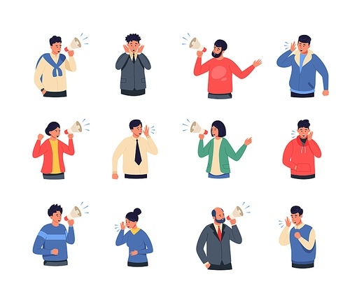 PEOPLE SCREAMING. Cartoon Characters Shouting Holding Loudspeaker, Person Attracting Attention Announce Information Loud. Vector isolated set. Activists on Protests. Marketing, Advertisement